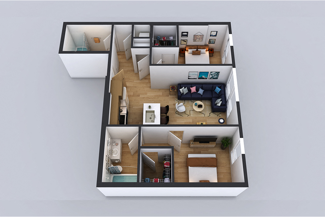 Floor plan for 2 beds, 2 baths, 951 sqft